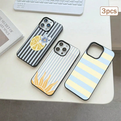 3pcs Striped Print Leather Texture TPU Shockproof Full Coverage Protective Phone Case Compatible With Apple 11/12/13/14/15/16/17 Pro Max