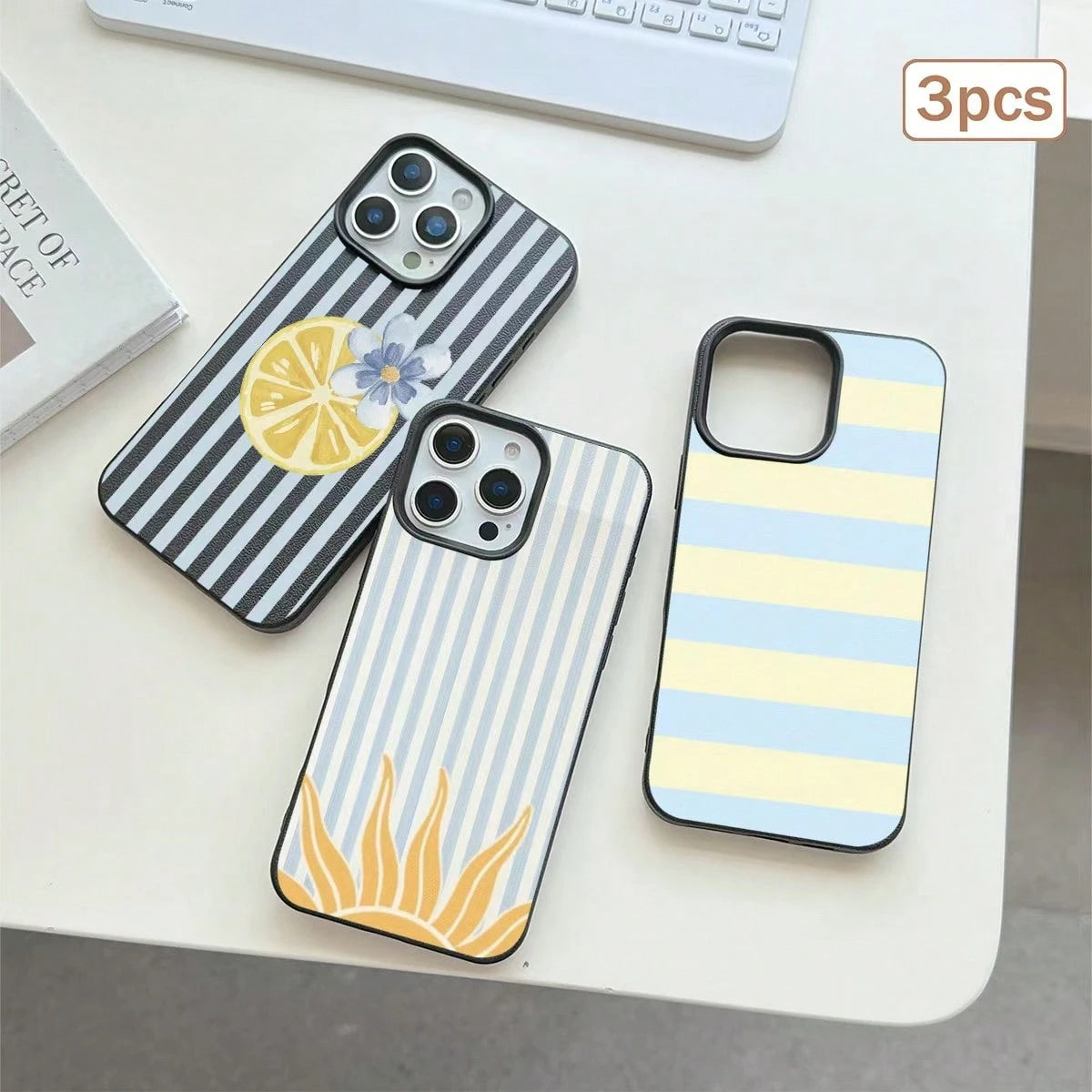 3pcs Striped Print Leather Texture TPU Shockproof Full Coverage Protective Phone Case Compatible With Apple 11/12/13/14/15/16/17 Pro Max