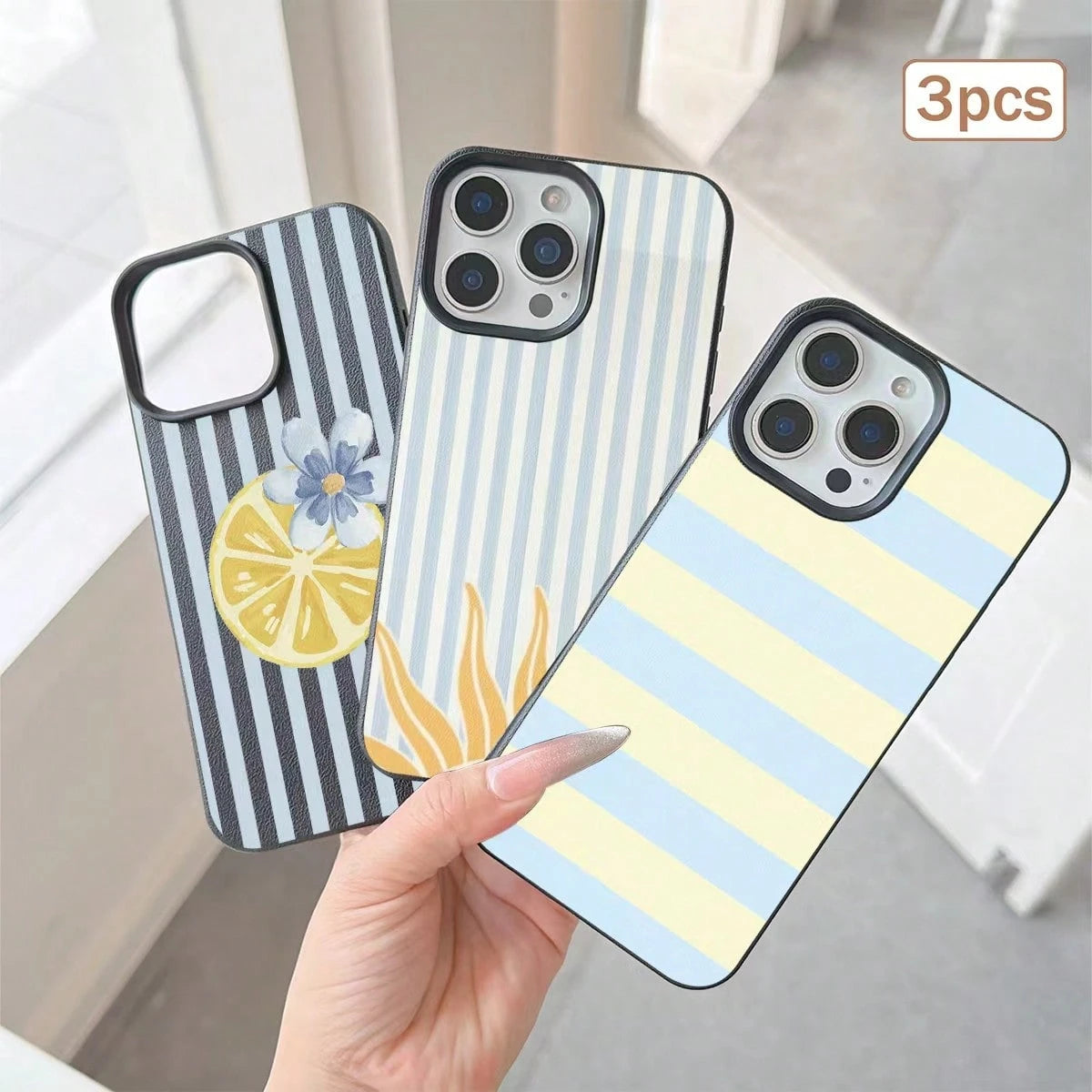 3pcs Striped Print Leather Texture TPU Shockproof Full Coverage Protective Phone Case Compatible With Apple 11/12/13/14/15/16/17 Pro Max