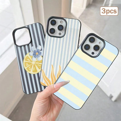 3pcs Striped Print Leather Texture TPU Shockproof Full Coverage Protective Phone Case Compatible With Apple 11/12/13/14/15/16/17 Pro Max