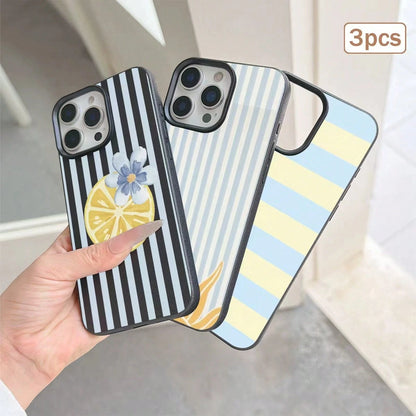 3pcs Striped Print Leather Texture TPU Shockproof Full Coverage Protective Phone Case Compatible With Apple 11/12/13/14/15/16/17 Pro Max