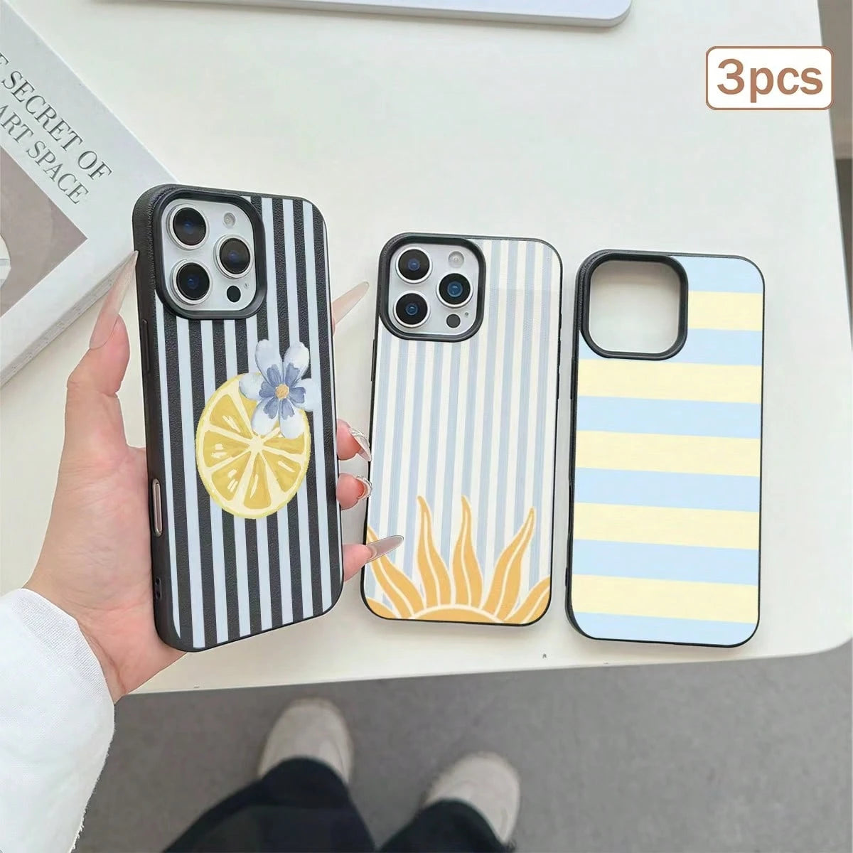 3pcs Striped Print Leather Texture TPU Shockproof Full Coverage Protective Phone Case Compatible With Apple 11/12/13/14/15/16/17 Pro Max