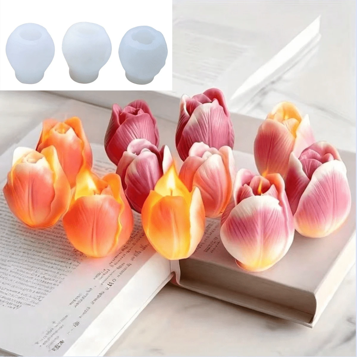 3pcs Tulip 3D Floral Silicone Mold Set- Handmade Candle, Soap, Resin Clay, Plaster Casting Molds For Home Decor, Great For Birthday, Valentine's Day, Mother's Day, Christmas, Wedding Gifts, Candle Ma