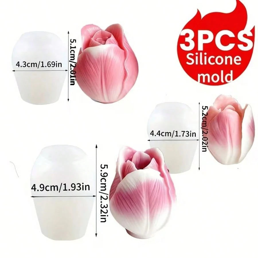 3pcs Tulip 3D Floral Silicone Mold Set- Handmade Candle, Soap, Resin Clay, Plaster Casting Molds For Home Decor, Great For Birthday, Valentine's Day, Mother's Day, Christmas, Wedding Gifts, Candle Ma