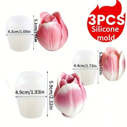 3pcs Tulip 3D Floral Silicone Mold Set- Handmade Candle, Soap, Resin Clay, Plaster Casting Molds For Home Decor, Great For Birthday, Valentine's Day, Mother's Day, Christmas, Wedding Gifts, Candle Ma