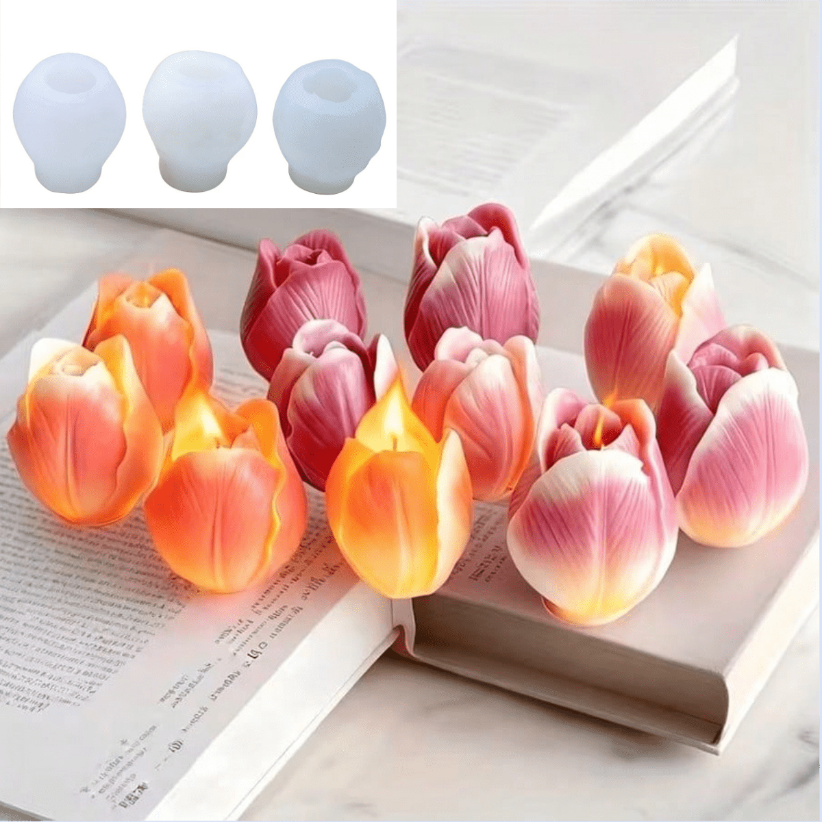 3pcs Tulip 3D Floral Silicone Mold Set- Handmade Candle, Soap, Resin Clay, Plaster Casting Molds For Home Decor, Great For Birthday, Valentine's Day, Mother's Day, Christmas, Wedding Gifts, Candle Ma