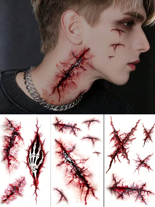 3pcs Y2K Boys & Girls Red Halloween Scar Tattoo Stickers, Suitable For Face, Neck, Arms And Body Parts