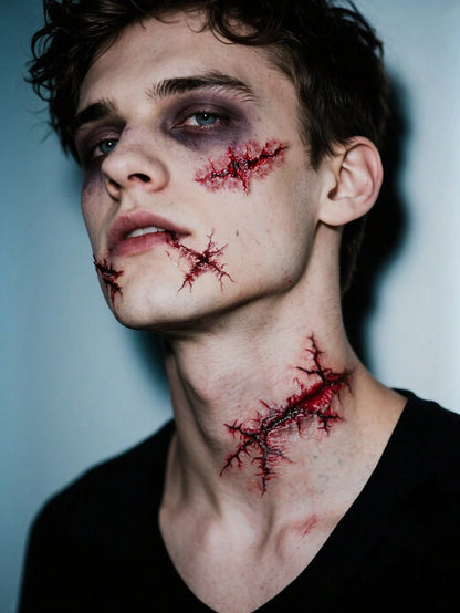 3pcs Y2K Boys & Girls Red Halloween Scar Tattoo Stickers, Suitable For Face, Neck, Arms And Body Parts