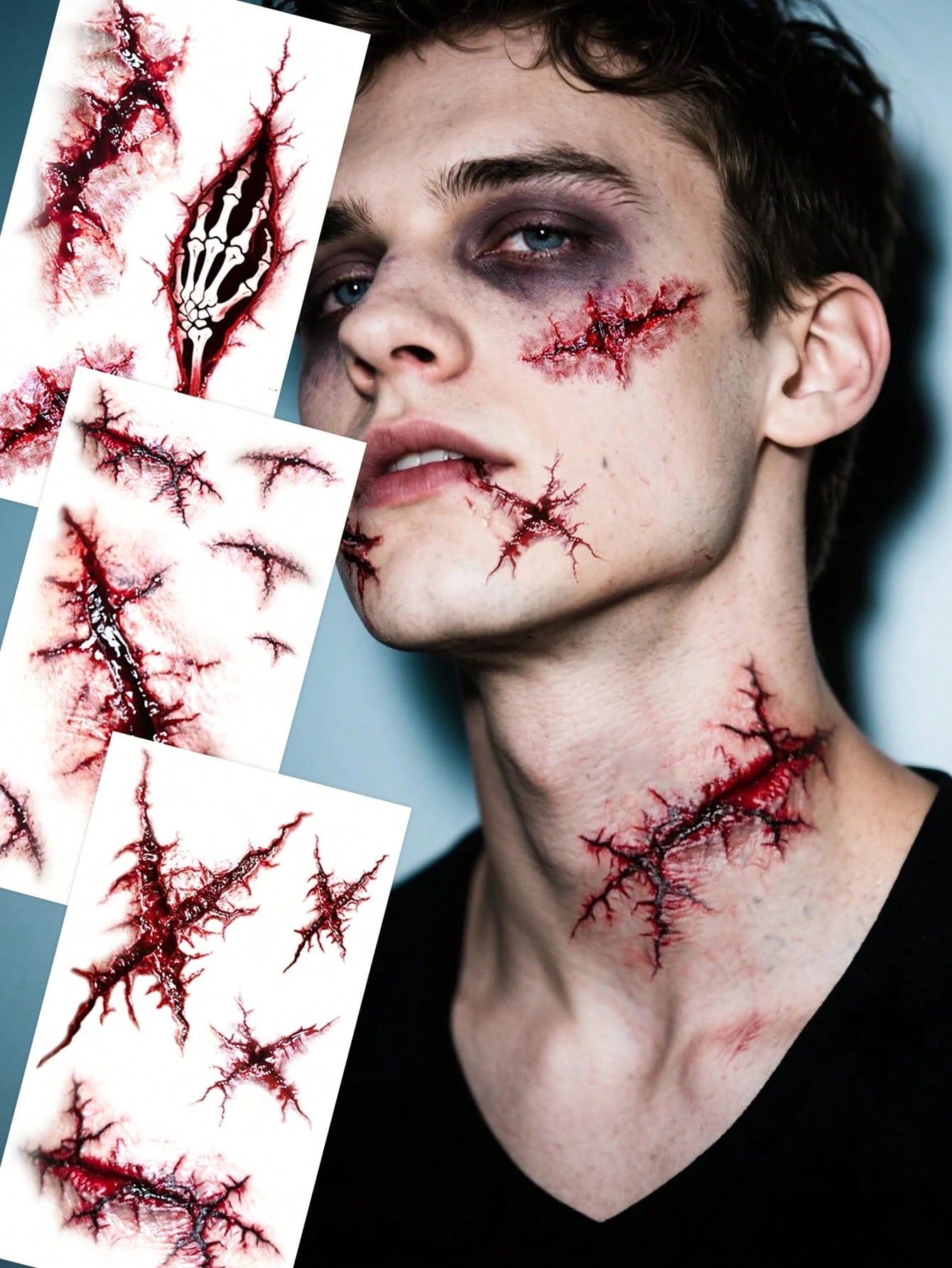 3pcs Y2K Boys & Girls Red Halloween Scar Tattoo Stickers, Suitable For Face, Neck, Arms And Body Parts