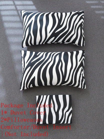 3pcs Zebra Print Duvet Cover Set (Duvet Insert Not Included), Breathable & Super Soft, Suitable For All Seasons (1pc Duvet Cover + 2pcs Pillowcases, Pillow Insert Not Included), Soft Dual-Color Design