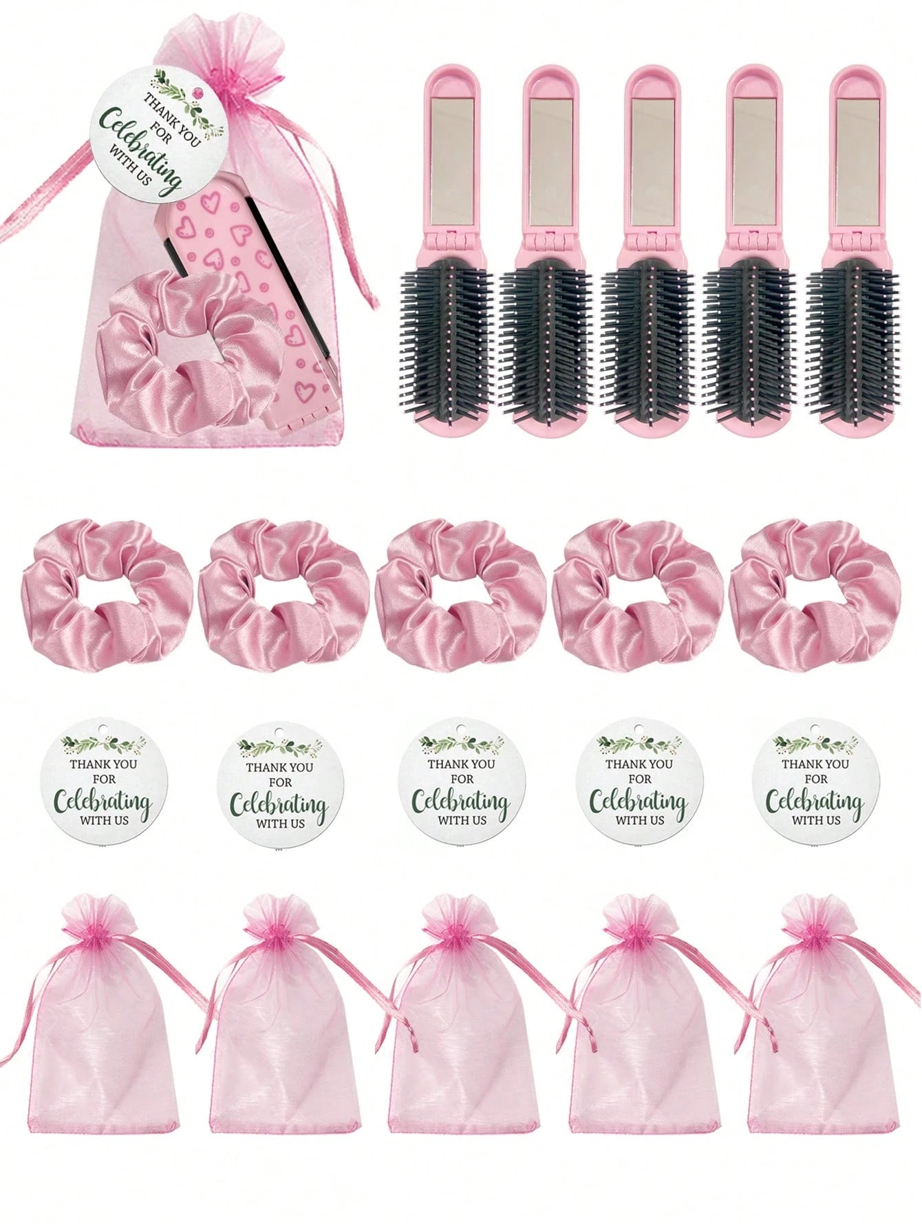4/20pcs Pink Heart Pattern Folding Cushion Comb Mirror, Including Card, Drawstring Bag And Hair Tie, Perfect For Women, Bridesmaids, Wedding Gifts, Wedding Celebrations, Birthday Parties, Valentine's