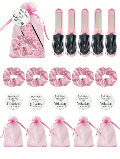4/20pcs Pink Heart Pattern Folding Cushion Comb Mirror, Including Card, Drawstring Bag And Hair Tie, Perfect For Women, Bridesmaids, Wedding Gifts, Wedding Celebrations, Birthday Parties, Valentine's