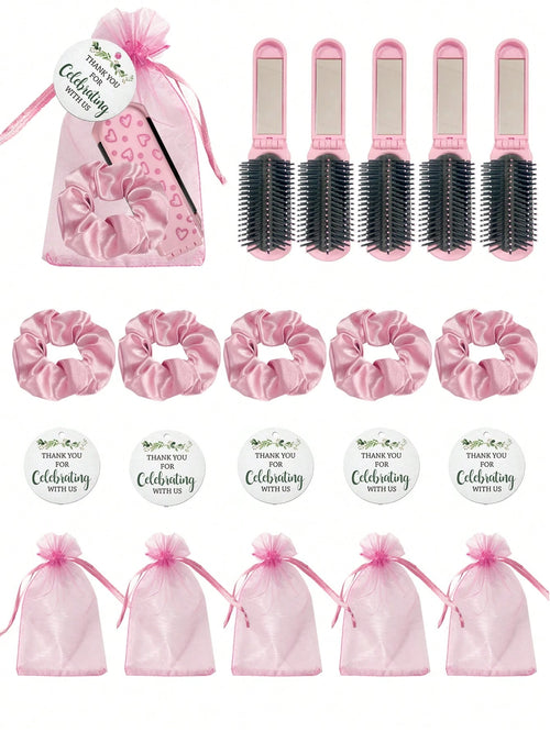 4/20pcs Pink Heart Pattern Folding Cushion Comb Mirror, Including Card, Drawstring Bag And Hair Tie, Perfect For Women, Bridesmaids, Wedding Gifts, Wedding Celebrations, Birthday Parties, Valentine's