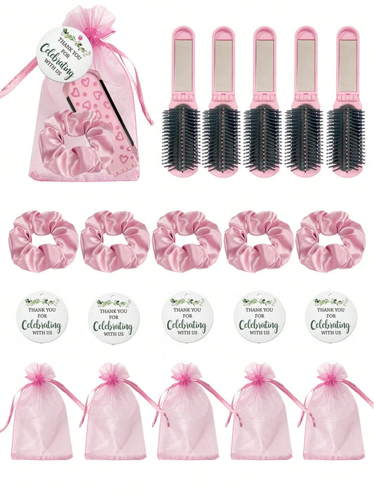 4/20pcs Pink Heart Pattern Folding Cushion Comb Mirror, Including Card, Drawstring Bag And Hair Tie, Perfect For Women, Bridesmaids, Wedding Gifts, Wedding Celebrations, Birthday Parties, Valentine's
