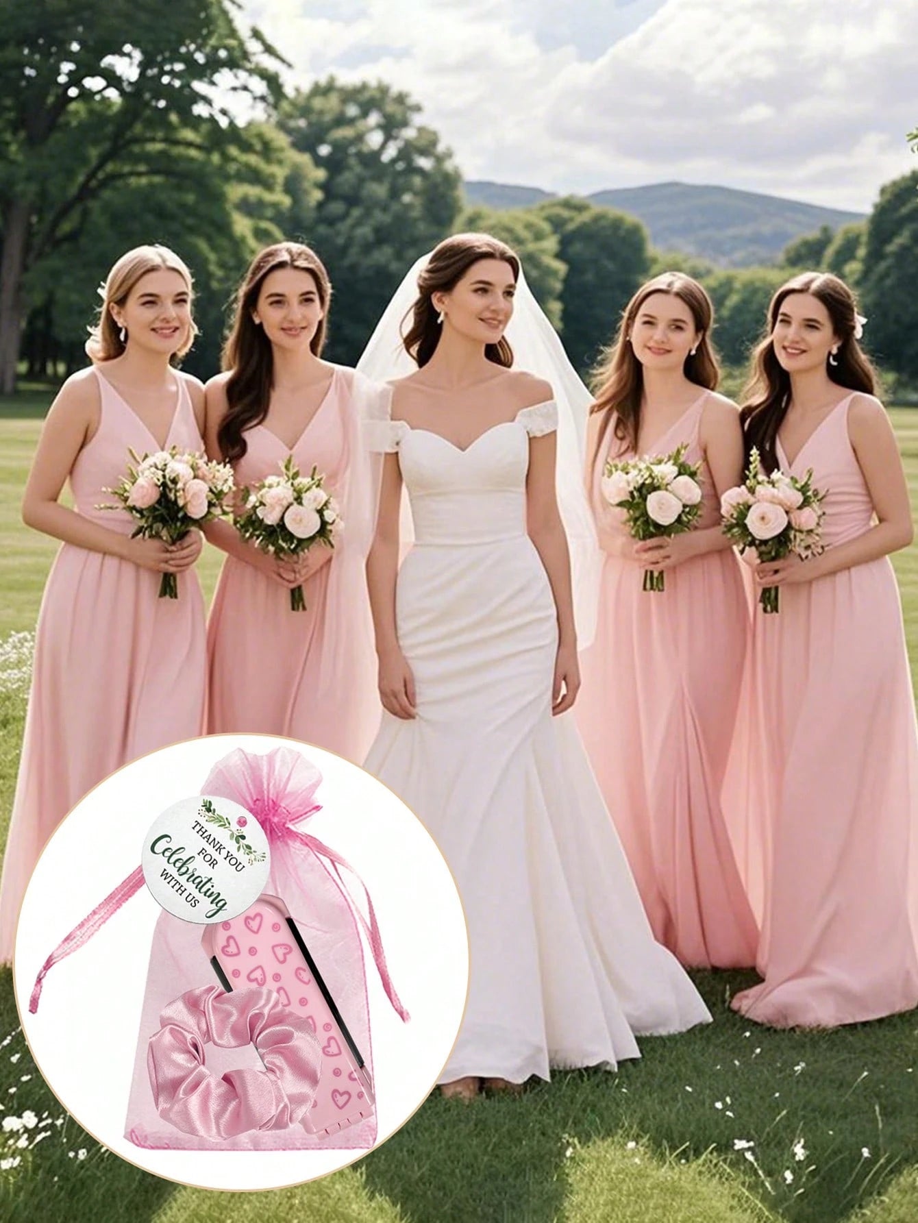 4/20pcs Pink Heart Pattern Folding Cushion Comb Mirror, Including Card, Drawstring Bag And Hair Tie, Perfect For Women, Bridesmaids, Wedding Gifts, Wedding Celebrations, Birthday Parties, Valentine's
