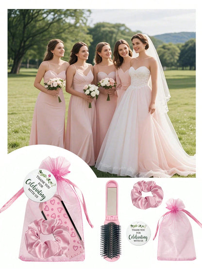 4/20pcs Pink Heart Pattern Folding Cushion Comb Mirror, Including Card, Drawstring Bag And Hair Tie, Perfect For Women, Bridesmaids, Wedding Gifts, Wedding Celebrations, Birthday Parties, Valentine's