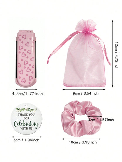 4/20pcs Pink Heart Pattern Folding Cushion Comb Mirror, Including Card, Drawstring Bag And Hair Tie, Perfect For Women, Bridesmaids, Wedding Gifts, Wedding Celebrations, Birthday Parties, Valentine's
