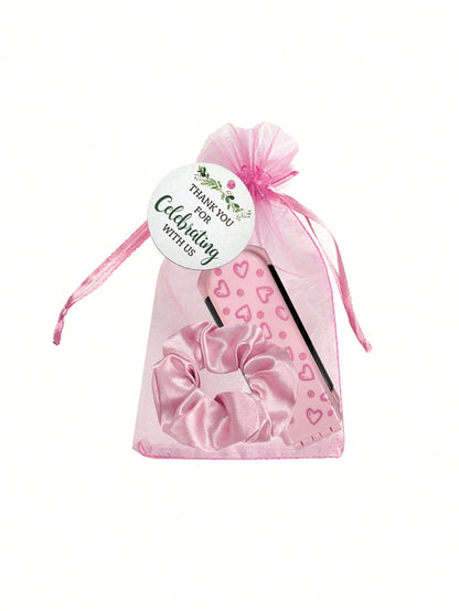 4/20pcs Pink Heart Pattern Folding Cushion Comb Mirror, Including Card, Drawstring Bag And Hair Tie, Perfect For Women, Bridesmaids, Wedding Gifts, Wedding Celebrations, Birthday Parties, Valentine's