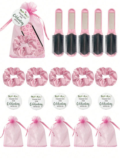 4/20pcs Pink Heart Pattern Folding Cushion Comb Mirror, Including Card, Drawstring Bag And Hair Tie, Perfect For Women, Bridesmaids, Wedding Gifts, Wedding Celebrations, Birthday Parties, Valentine's