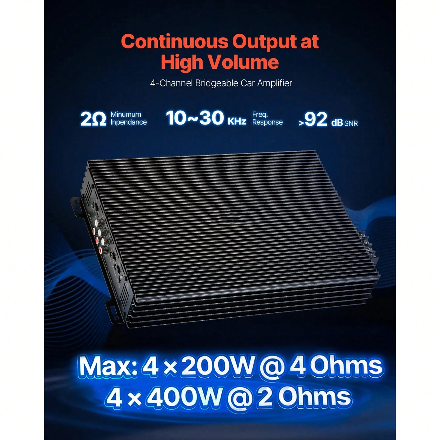 4 Channel Car Audio Amplifier 2 Ohm Stable Bridgeable Class A/B Full Range Amp Max Power 4 X 200W @ 4 Ohm/ 4 X 400W @ 2 Ohm For Car SUV Truck Off-Road