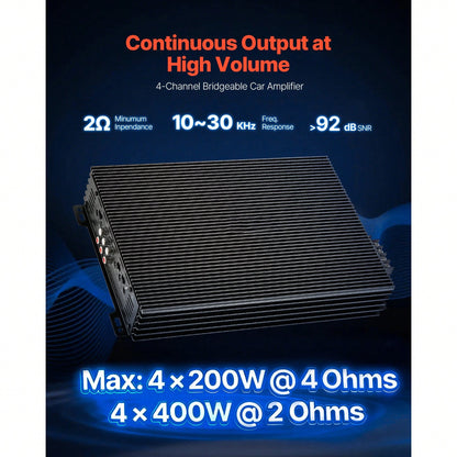 4 Channel Car Audio Amplifier 2 Ohm Stable Bridgeable Class A/B Full Range Amp Max Power 4 X 200W @ 4 Ohm/ 4 X 400W @ 2 Ohm For Car SUV Truck Off-Road