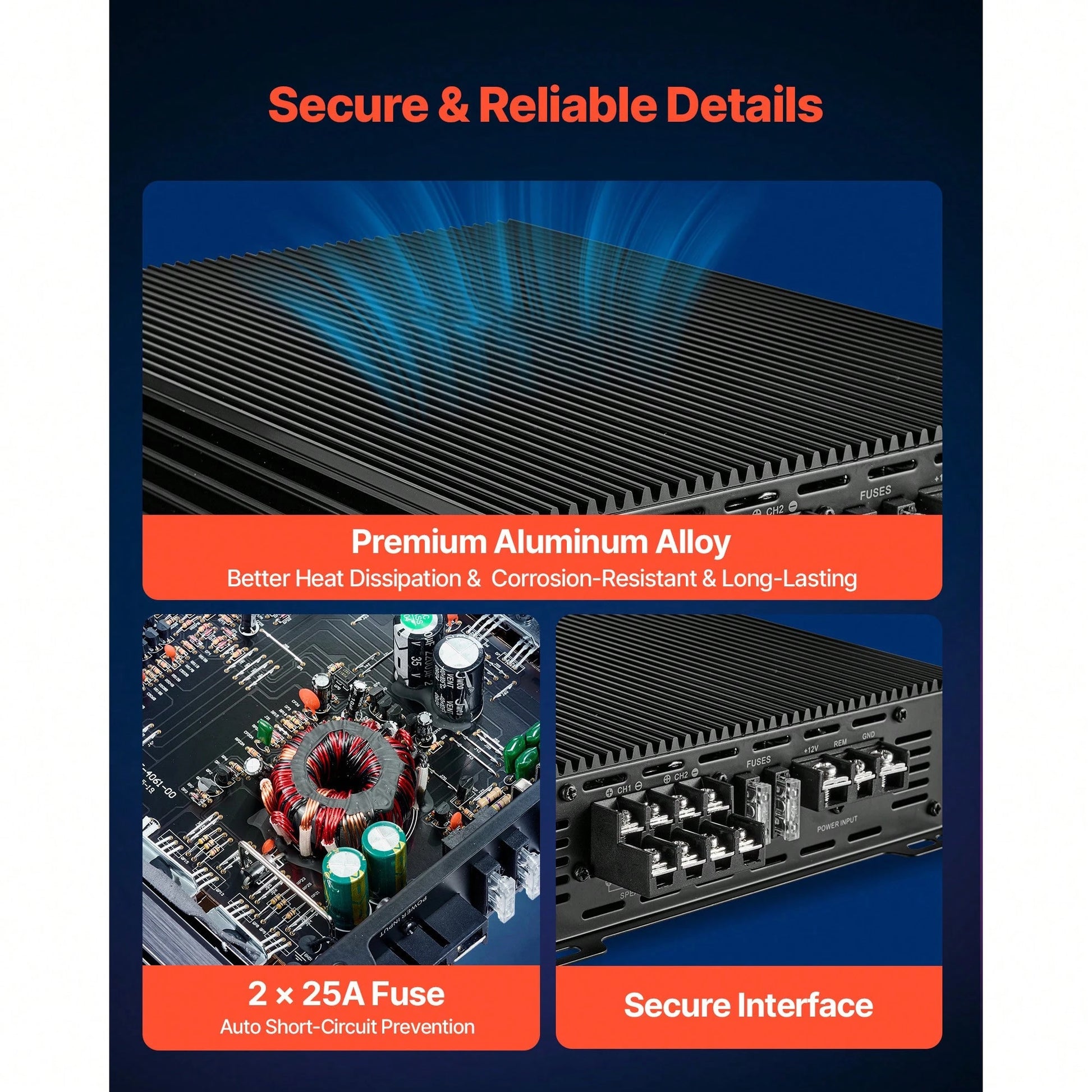 4 Channel Car Audio Amplifier 2 Ohm Stable Bridgeable Class A/B Full Range Amp Max Power 4 X 200W @ 4 Ohm/ 4 X 400W @ 2 Ohm For Car SUV Truck Off-Road