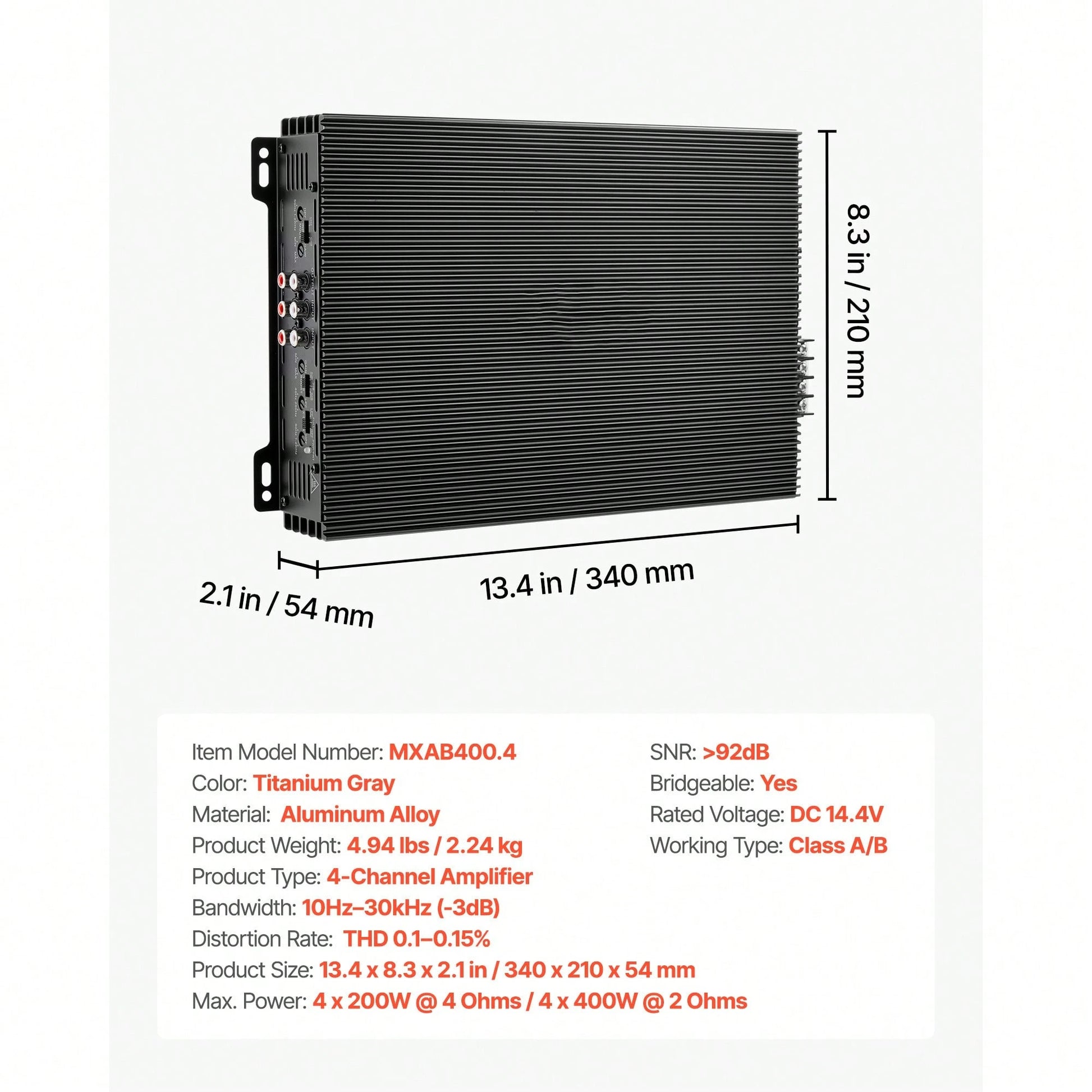 4 Channel Car Audio Amplifier 2 Ohm Stable Bridgeable Class A/B Full Range Amp Max Power 4 X 200W @ 4 Ohm/ 4 X 400W @ 2 Ohm For Car SUV Truck Off-Road