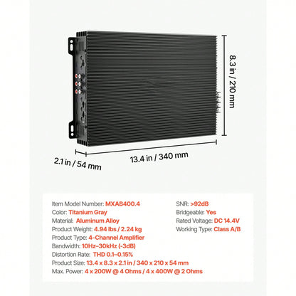 4 Channel Car Audio Amplifier 2 Ohm Stable Bridgeable Class A/B Full Range Amp Max Power 4 X 200W @ 4 Ohm/ 4 X 400W @ 2 Ohm For Car SUV Truck Off-Road