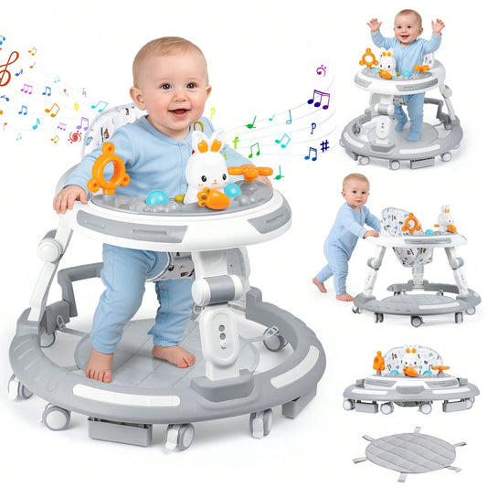 4-In-1 Safety-First Baby Walker & Activity Center With Adjustable Height, Anti-Rollover Base & Foldable Design- 8 Silent Wheels, 2 Anti-Slip Strips, Multi-Function Modes (Learning Walker, Dining Chai