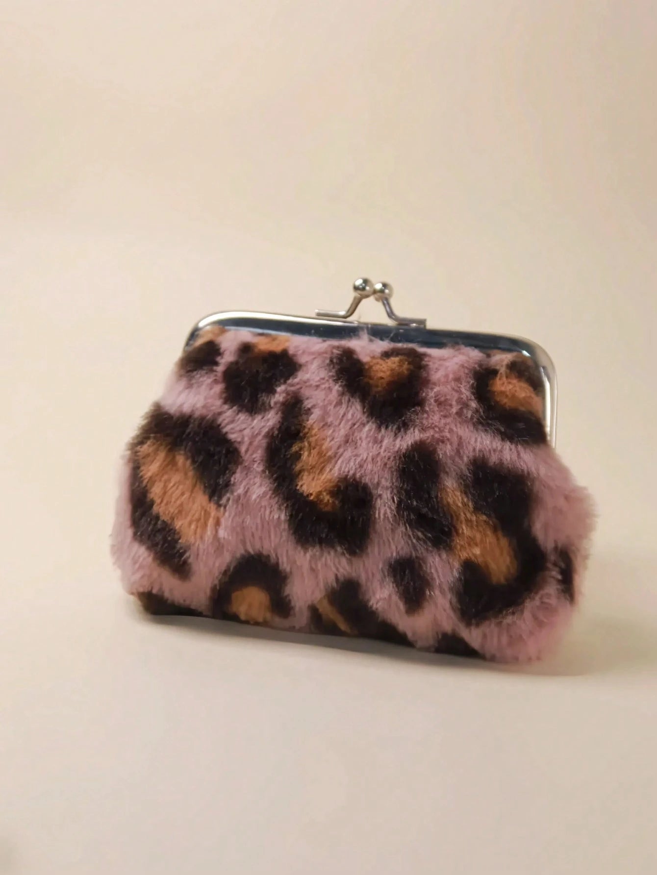 4-Inch Fashionable Leopard Print Plush Silver Metal Clip Coin Purse, Waterproof Leopard Print Card Holder, Available In Black, Burgundy, Brown, Purple, White And Other Colors, Can Hold Bank Cards, Cre