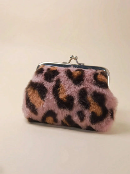 4-Inch Fashionable Leopard Print Plush Silver Metal Clip Coin Purse, Waterproof Leopard Print Card Holder, Available In Black, Burgundy, Brown, Purple, White And Other Colors, Can Hold Bank Cards, Cre