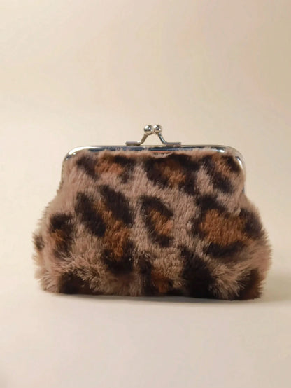 4-Inch Fashionable Leopard Print Plush Silver Metal Clip Coin Purse, Waterproof Leopard Print Card Holder, Available In Black, Burgundy, Brown, Purple, White And Other Colors, Can Hold Bank Cards, Cre