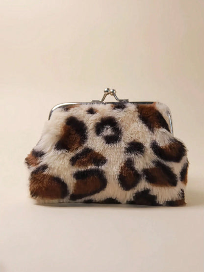 4-Inch Fashionable Leopard Print Plush Silver Metal Clip Coin Purse, Waterproof Leopard Print Card Holder, Available In Black, Burgundy, Brown, Purple, White And Other Colors, Can Hold Bank Cards, Cre