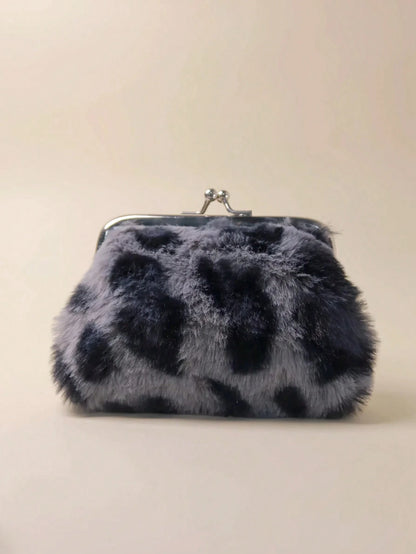 4-Inch Fashionable Leopard Print Plush Silver Metal Clip Coin Purse, Waterproof Leopard Print Card Holder, Available In Black, Burgundy, Brown, Purple, White And Other Colors, Can Hold Bank Cards, Cre