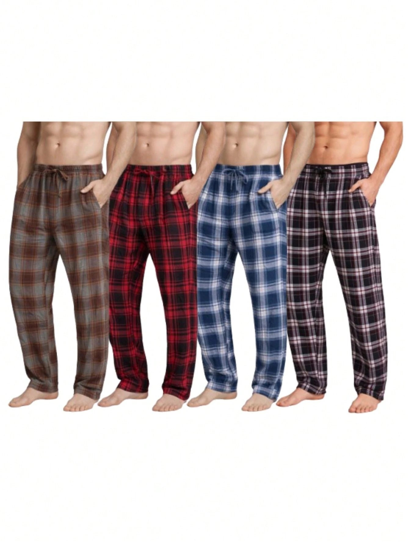 (4 Pack) Men's Cotton Knit Flannel Plaid Lounge Pajama Pants