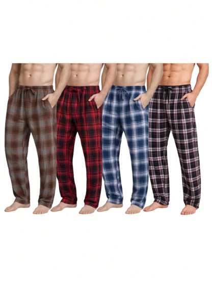 (4 Pack) Men's Cotton Knit Flannel Plaid Lounge Pajama Pants