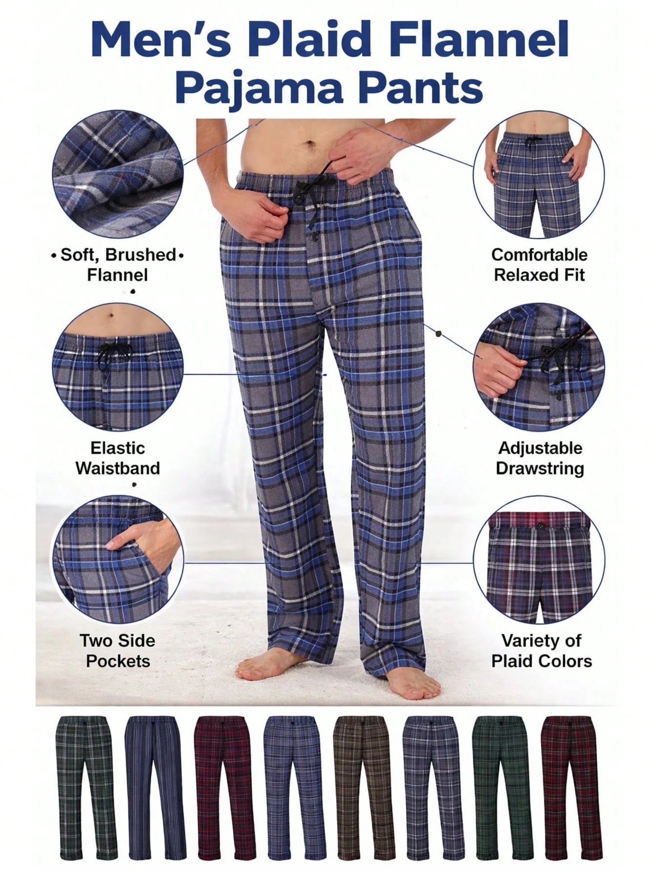 (4 Pack) Men's Cotton Knit Flannel Plaid Lounge Pajama Pants
