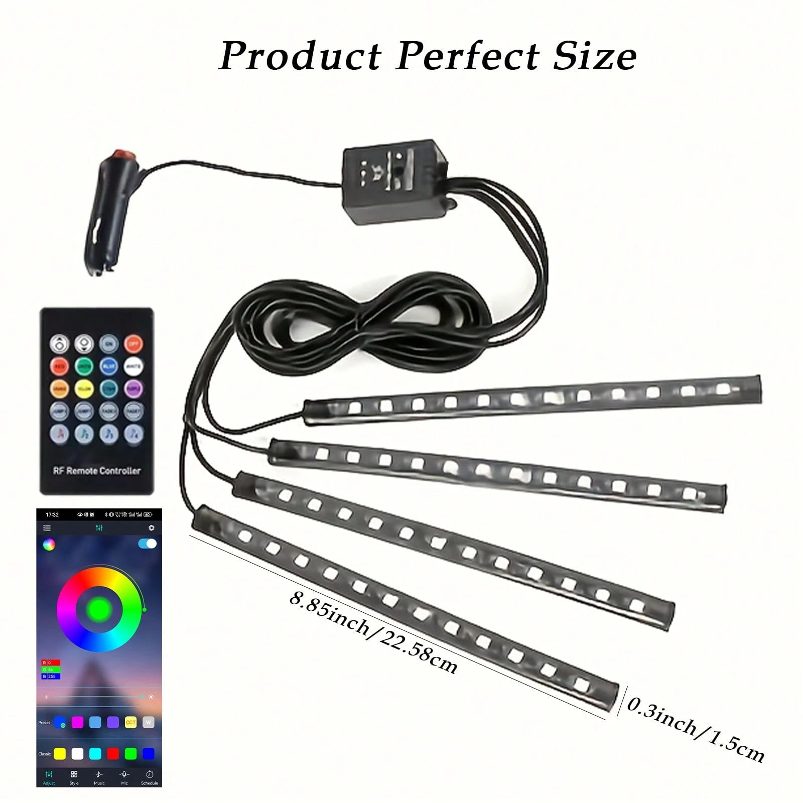 4-Piece LED Car Footwell Light Kit, Cigarette Lighter Plug, 12V, RGB Color Footwell Light With Music Synchronization Function, 48 LED Beads, Wireless APP + Remote Control.