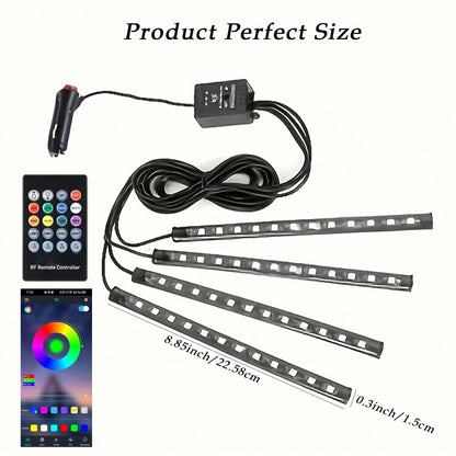 4-Piece LED Car Footwell Light Kit, Cigarette Lighter Plug, 12V, RGB Color Footwell Light With Music Synchronization Function, 48 LED Beads, Wireless APP + Remote Control.