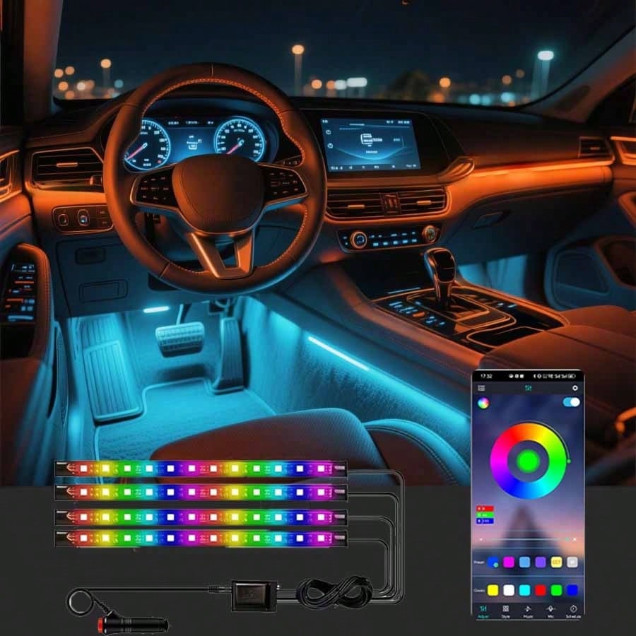 4-Piece LED Car Footwell Light Kit, Cigarette Lighter Plug, 12V, RGB Color Footwell Light With Music Synchronization Function, 48 LED Beads, Wireless APP + Remote Control.