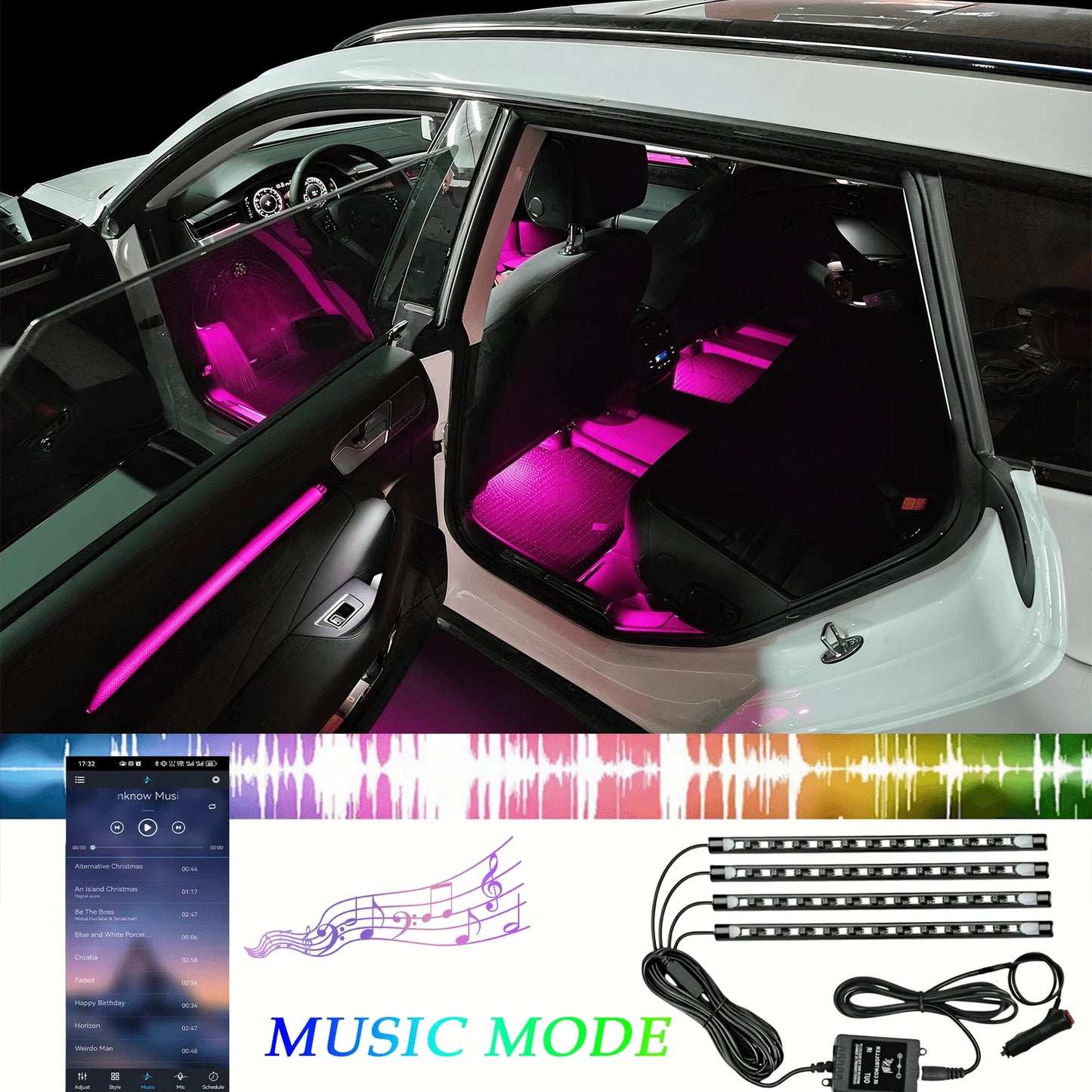 4-Piece LED Car Footwell Light Kit, Cigarette Lighter Plug, 12V, RGB Color Footwell Light With Music Synchronization Function, 48 LED Beads, Wireless APP + Remote Control.