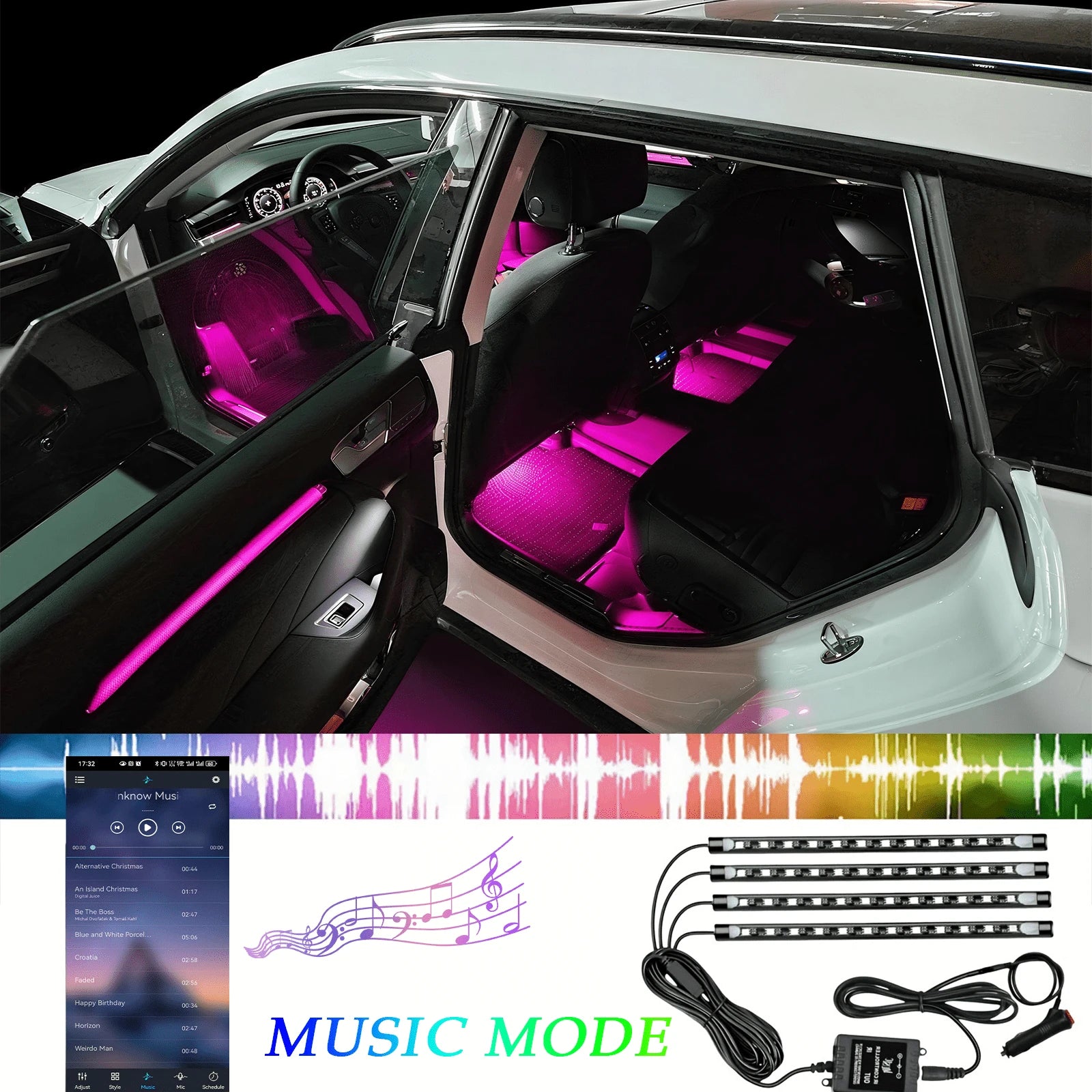 4-Piece LED Car Footwell Light Kit, Cigarette Lighter Plug, 12V, RGB Color Footwell Light With Music Synchronization Function, 48 LED Beads, Wireless APP + Remote Control.