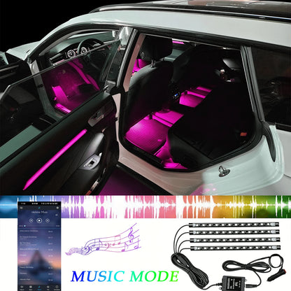 4-Piece LED Car Footwell Light Kit, Cigarette Lighter Plug, 12V, RGB Color Footwell Light With Music Synchronization Function, 48 LED Beads, Wireless APP + Remote Control.