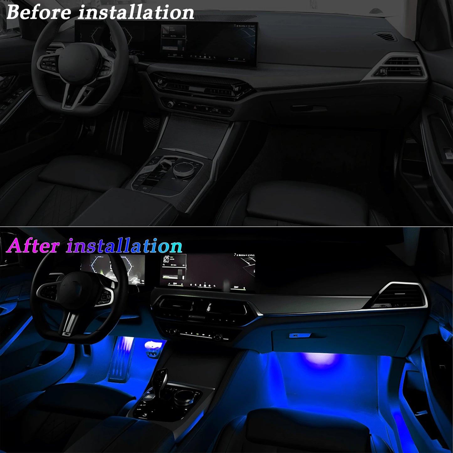 4-Piece LED Car Footwell Light Kit, Cigarette Lighter Plug, 12V, RGB Color Footwell Light With Music Synchronization Function, 48 LED Beads, Wireless APP + Remote Control.
