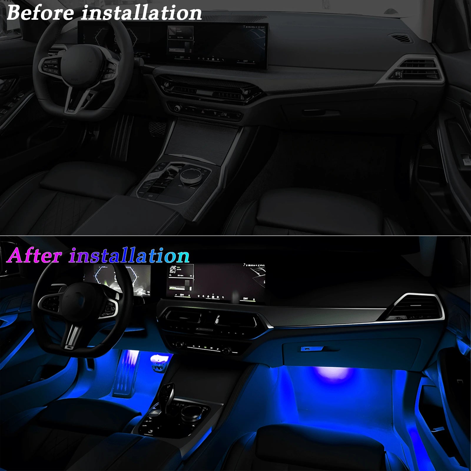 4-Piece LED Car Footwell Light Kit, Cigarette Lighter Plug, 12V, RGB Color Footwell Light With Music Synchronization Function, 48 LED Beads, Wireless APP + Remote Control.