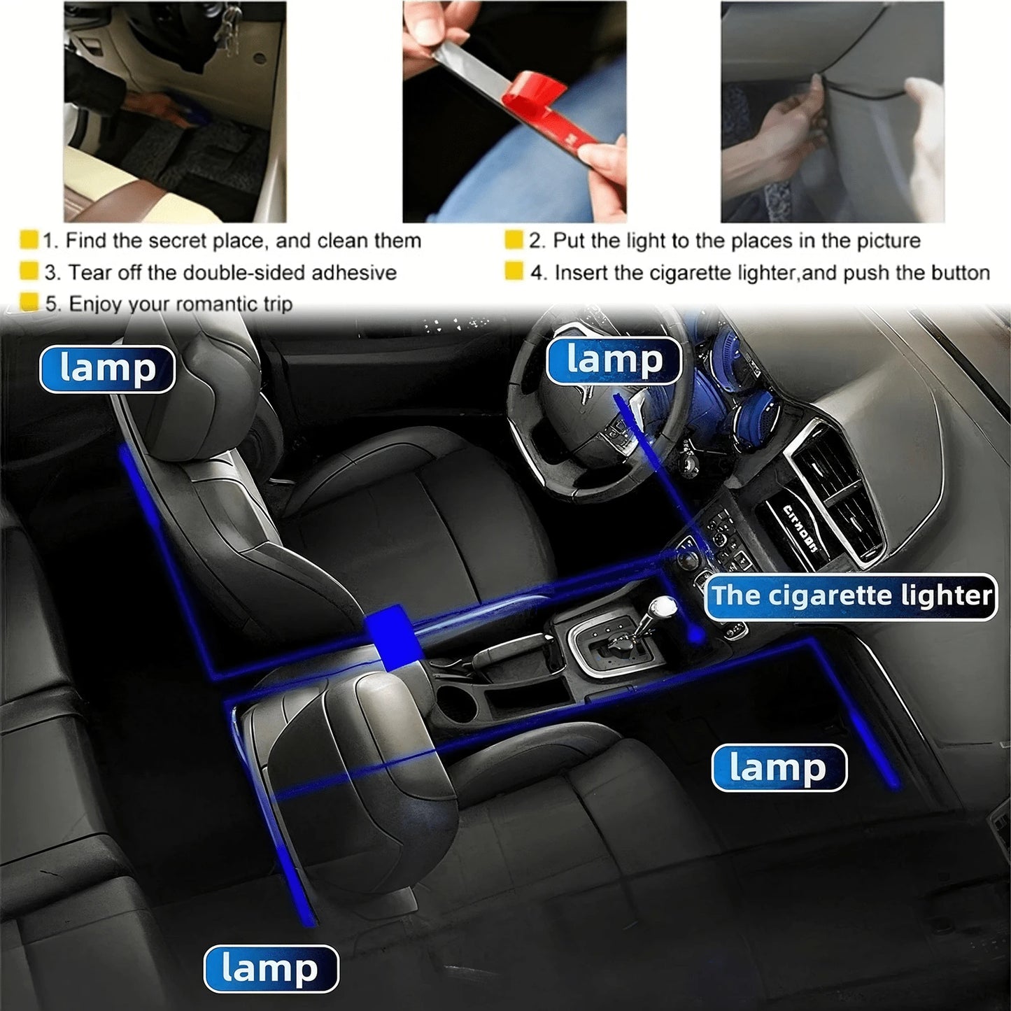 4-Piece LED Car Footwell Light Kit, Cigarette Lighter Plug, 12V, RGB Color Footwell Light With Music Synchronization Function, 48 LED Beads, Wireless APP + Remote Control.