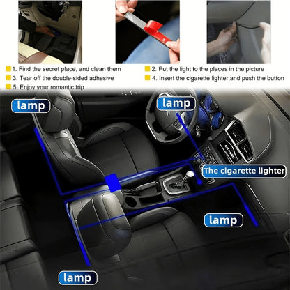 4-Piece LED Car Footwell Light Kit, Cigarette Lighter Plug, 12V, RGB Color Footwell Light With Music Synchronization Function, 48 LED Beads, Wireless APP + Remote Control.