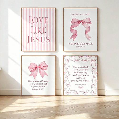 4-Piece Pink Bow Christian Room Bedroom Bathroom Dorm Wall Art Decor Aesthetic For Nursery Decor Watercolor Art Canvas Print Decorative Poster Suitable For Girl Bedrooms Living Rooms College Apartment