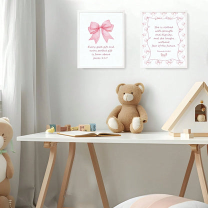 4-Piece Pink Bow Christian Room Bedroom Bathroom Dorm Wall Art Decor Aesthetic For Nursery Decor Watercolor Art Canvas Print Decorative Poster Suitable For Girl Bedrooms Living Rooms College Apartment