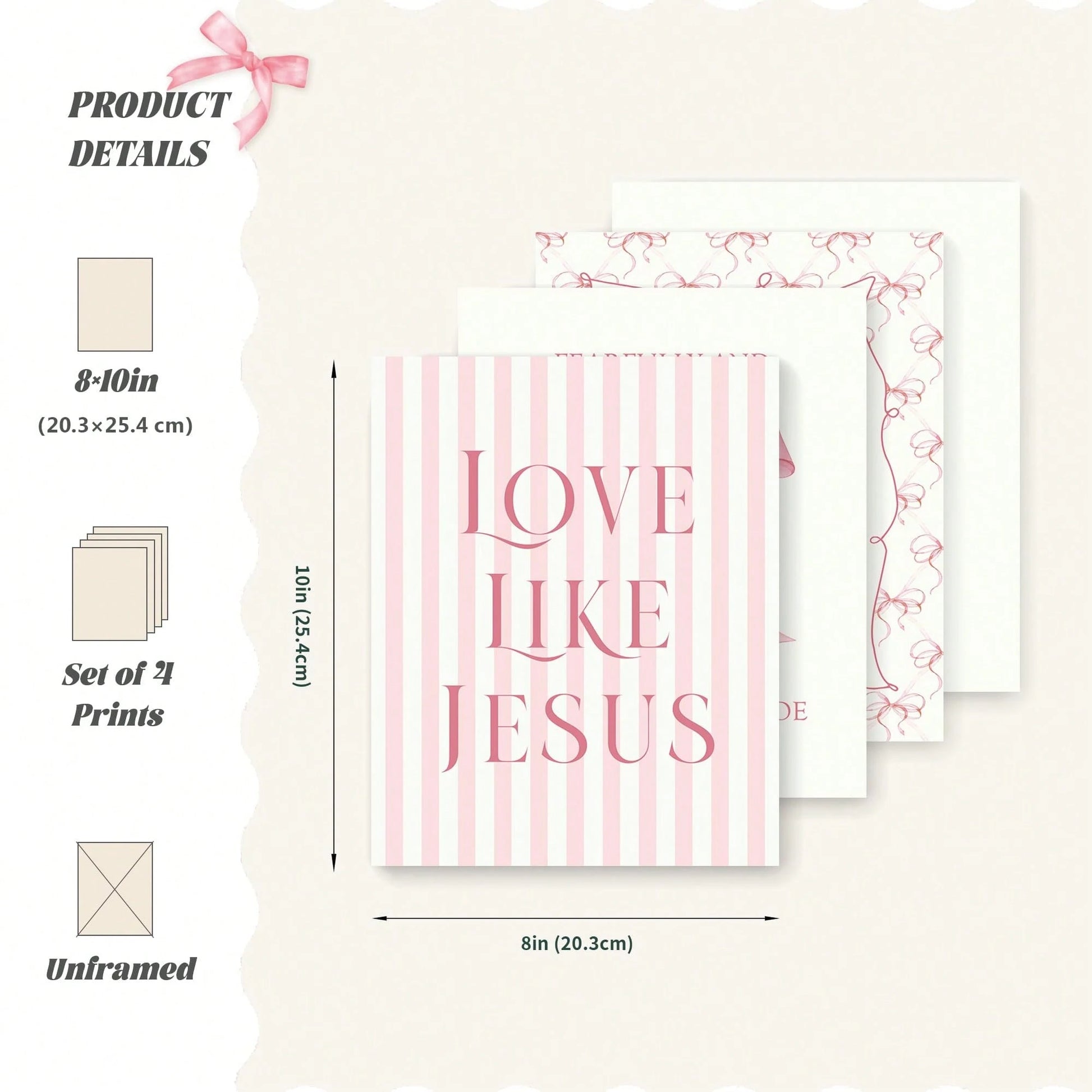 4-Piece Pink Bow Christian Room Bedroom Bathroom Dorm Wall Art Decor Aesthetic For Nursery Decor Watercolor Art Canvas Print Decorative Poster Suitable For Girl Bedrooms Living Rooms College Apartment
